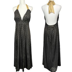 Coogi Black & Gold Halter Maxi Dress Size Large Logo Accent
